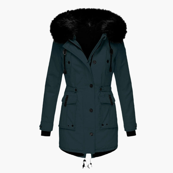 Womens Hooded Parka with Fur Trim Button Front