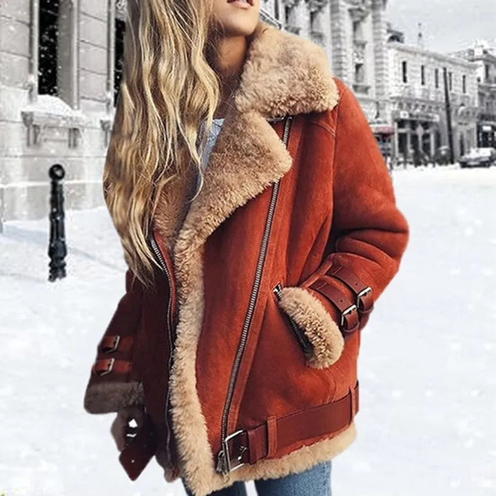 Womens Winter Jacket Suede Lambskin Buckle Closure - BritishMode