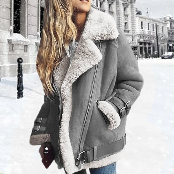 Womens Winter Jacket Suede Lambskin Buckle Closure