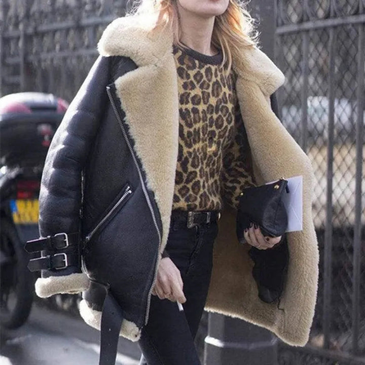 Womens Winter Jacket Suede Lambskin Buckle Closure