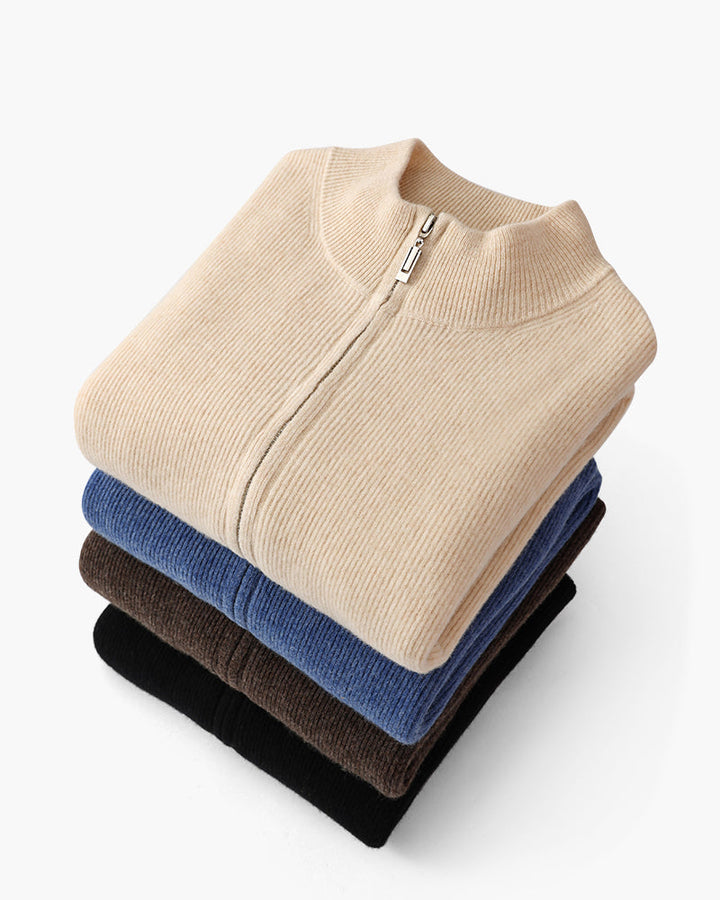Mens Rib Knit Cardigan with Zipper and Stand-Up Collar