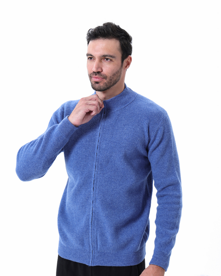 Mens Rib Knit Cardigan with Zipper and Stand-Up Collar