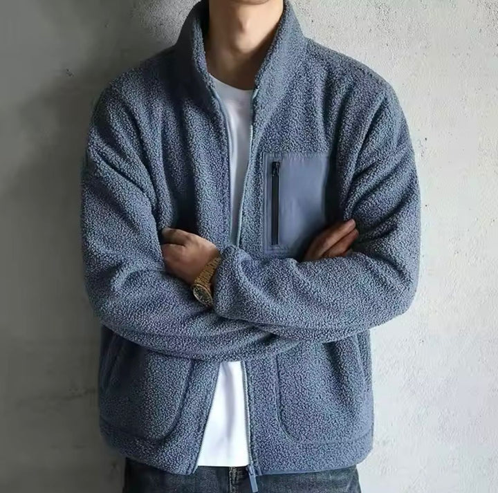 Mens Zip-Up Jacket with High Neck and Multiple Pockets
