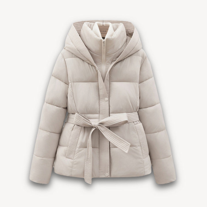 Womens Puffer Jacket with Hood and Belted Waist