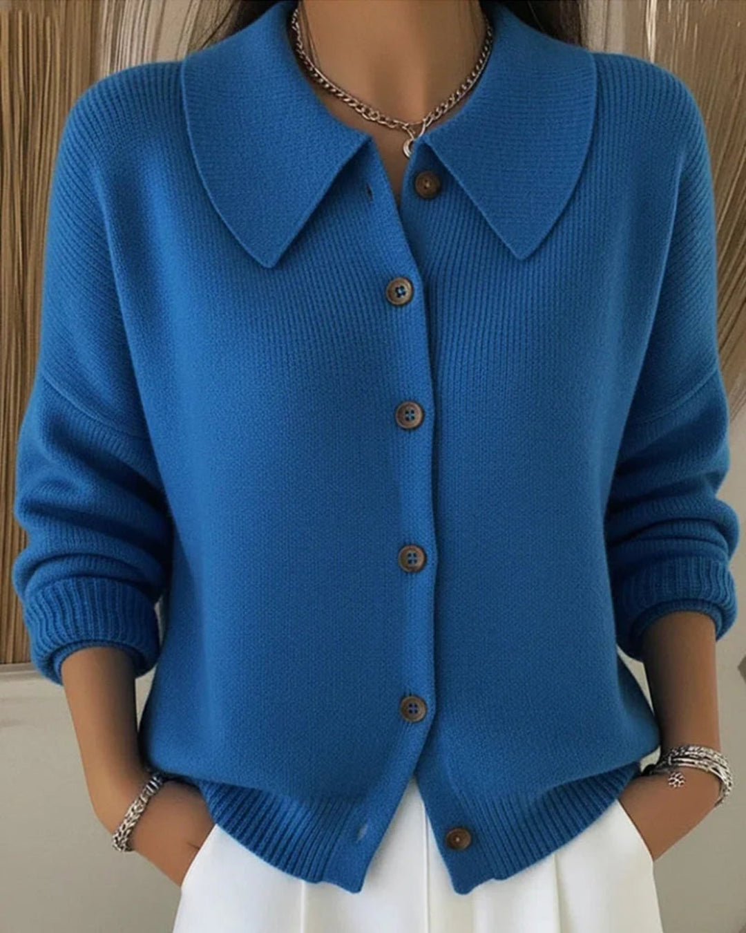 Womens Collared Knit Sweater Polyester Button Detail - BritishMode