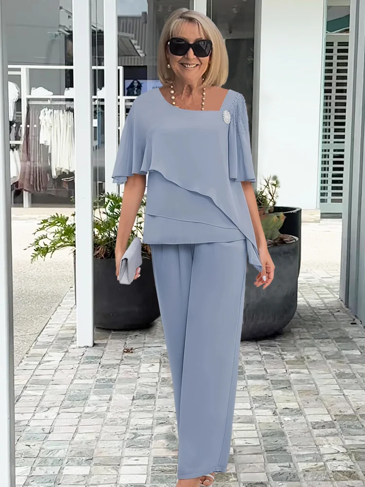 Womens Chiffon Cape Top with Tiered Detail Wide-Leg Trousers Set - BritishMode