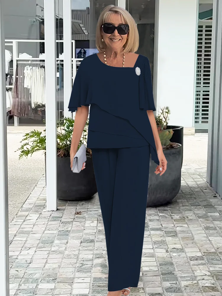 Womens Chiffon Cape Top with Tiered Detail Wide-Leg Trousers Set