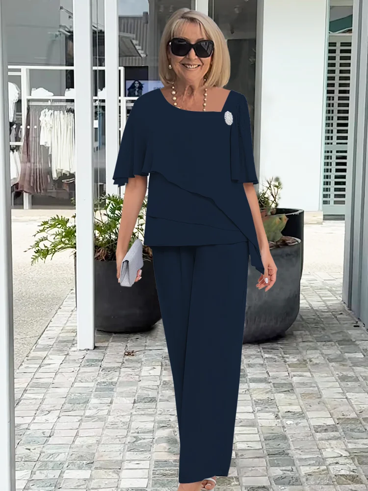 Womens Chiffon Cape Top with Tiered Detail Wide-Leg Trousers Set