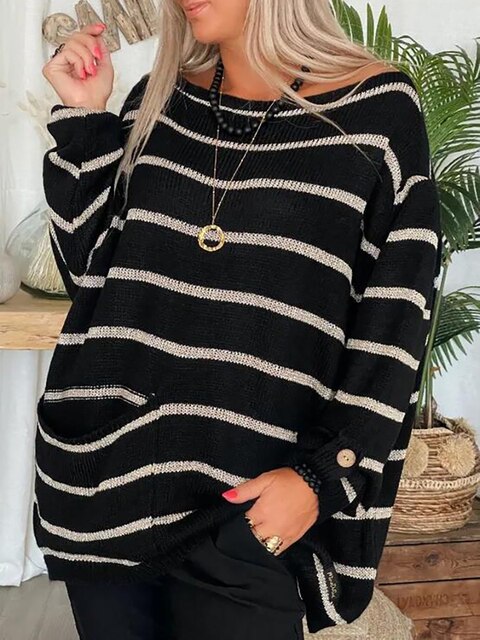 Womens Knit Sweater Striped Cozy Fit