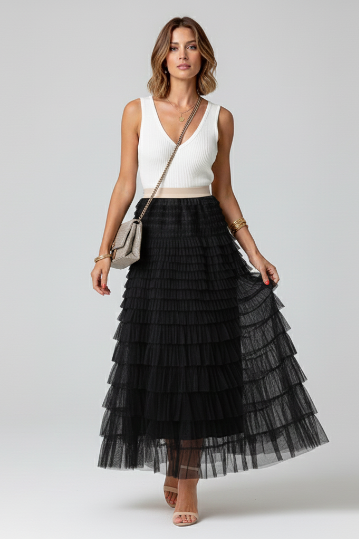 Womens Layered Tulle Midi Skirt with Elastic Waist