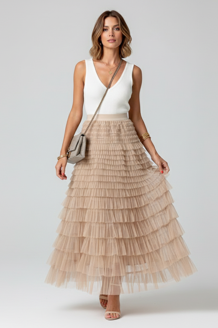Womens Layered Tulle Midi Skirt with Elastic Waist
