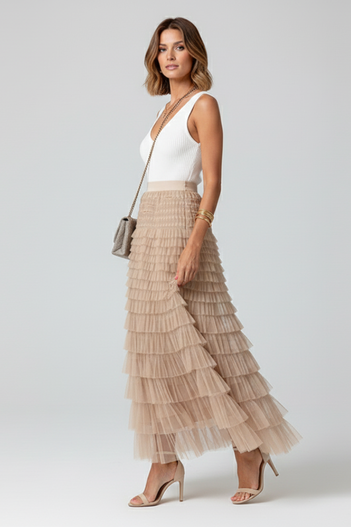 Womens Layered Tulle Midi Skirt with Elastic Waist
