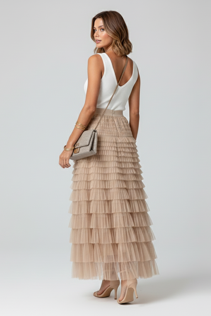 Womens Layered Tulle Midi Skirt with Elastic Waist