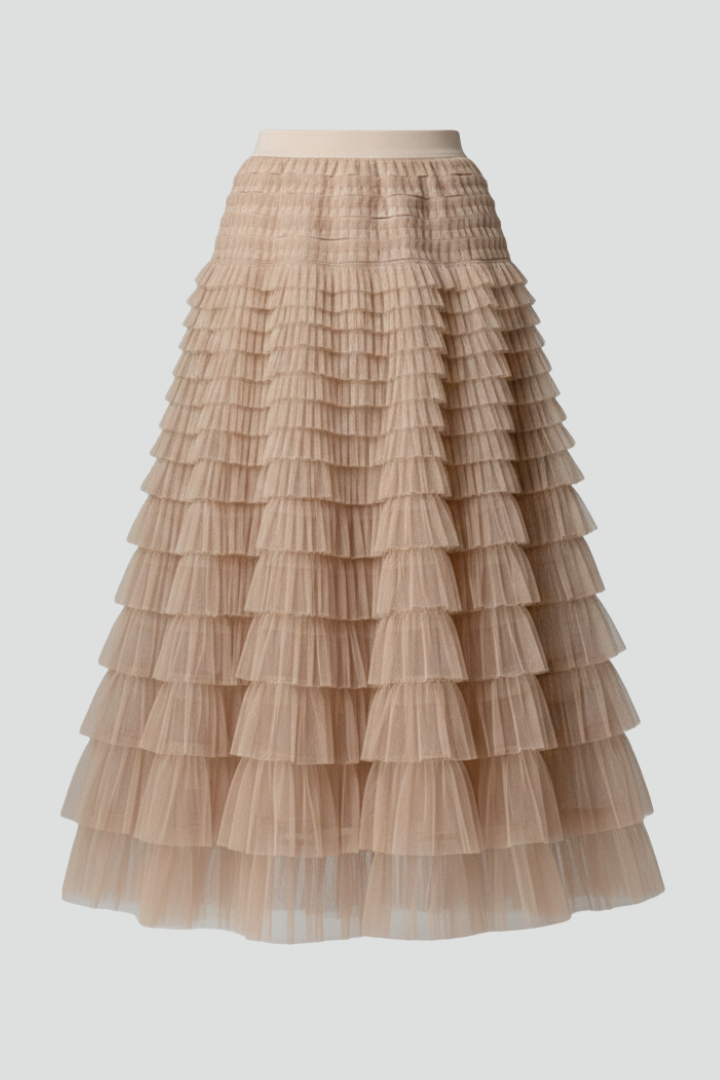 Womens Layered Tulle Midi Skirt with Elastic Waist - BritishMode