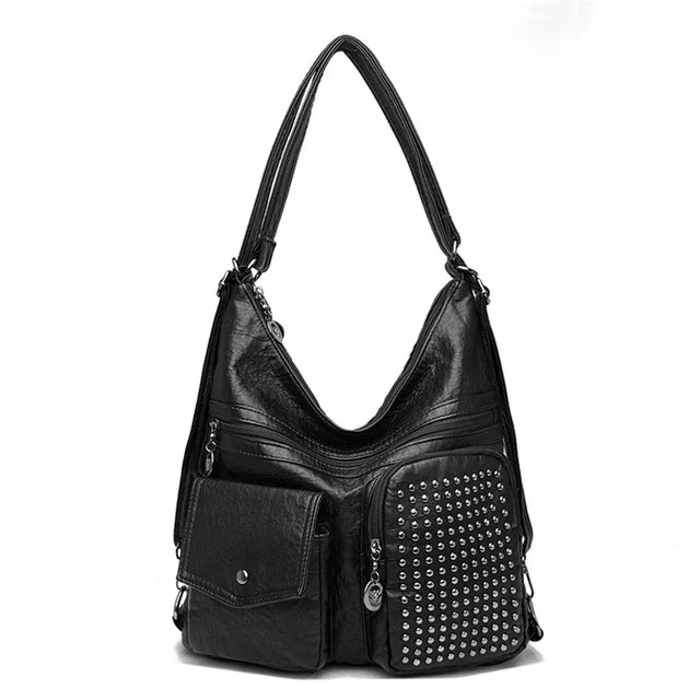 Unisex Leather Backpack Studded Compact Travel and School