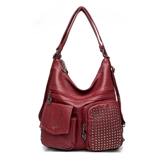 Unisex Leather Backpack Studded Compact Travel and School