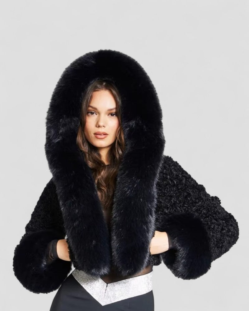 Womens Plush Fur Jacket with Hooded Design - BritishMode