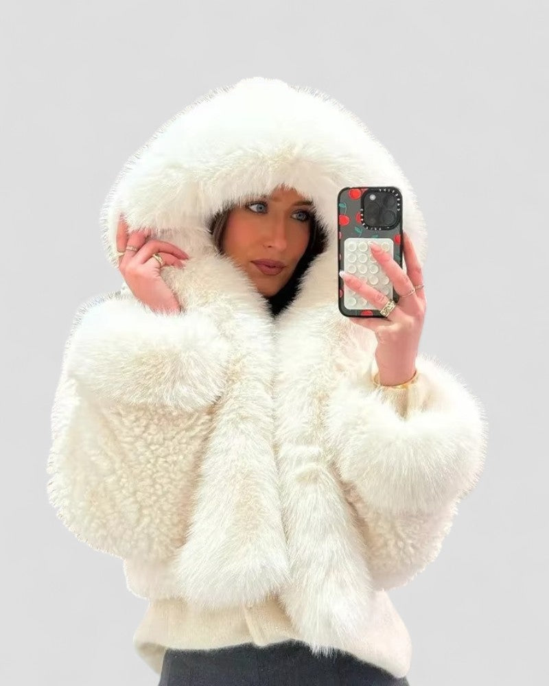 Womens Plush Fur Jacket with Hooded Design