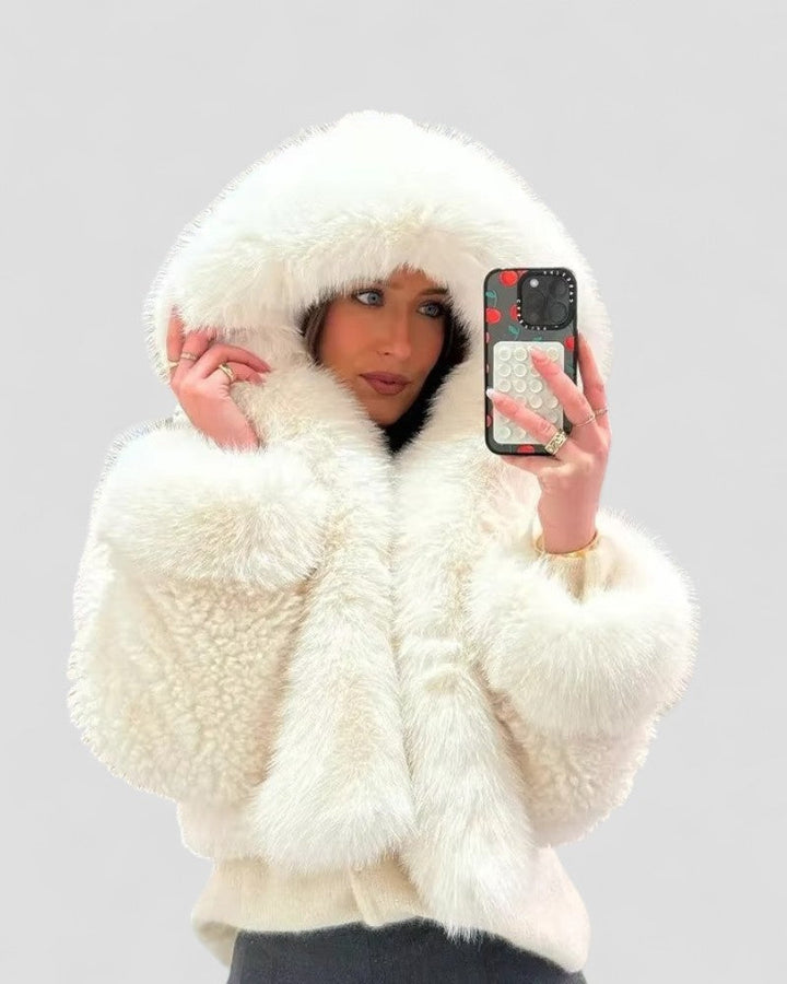 Womens Plush Fur Jacket with Hooded Design
