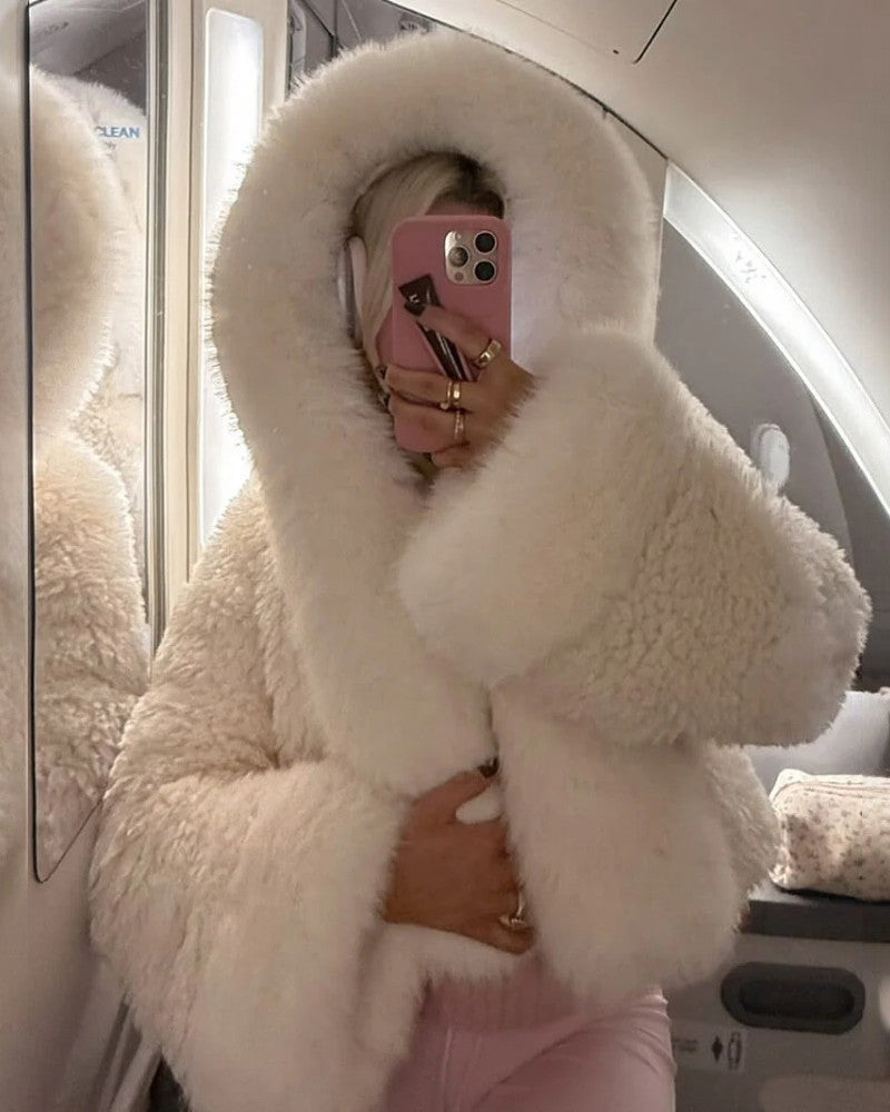 Womens Plush Fur Jacket with Hooded Design