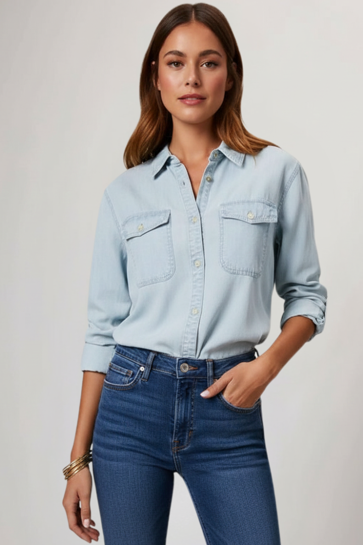 Mens Chambray Shirt Denim Point Collar Dual Chest Pocket Roll Sleeve
