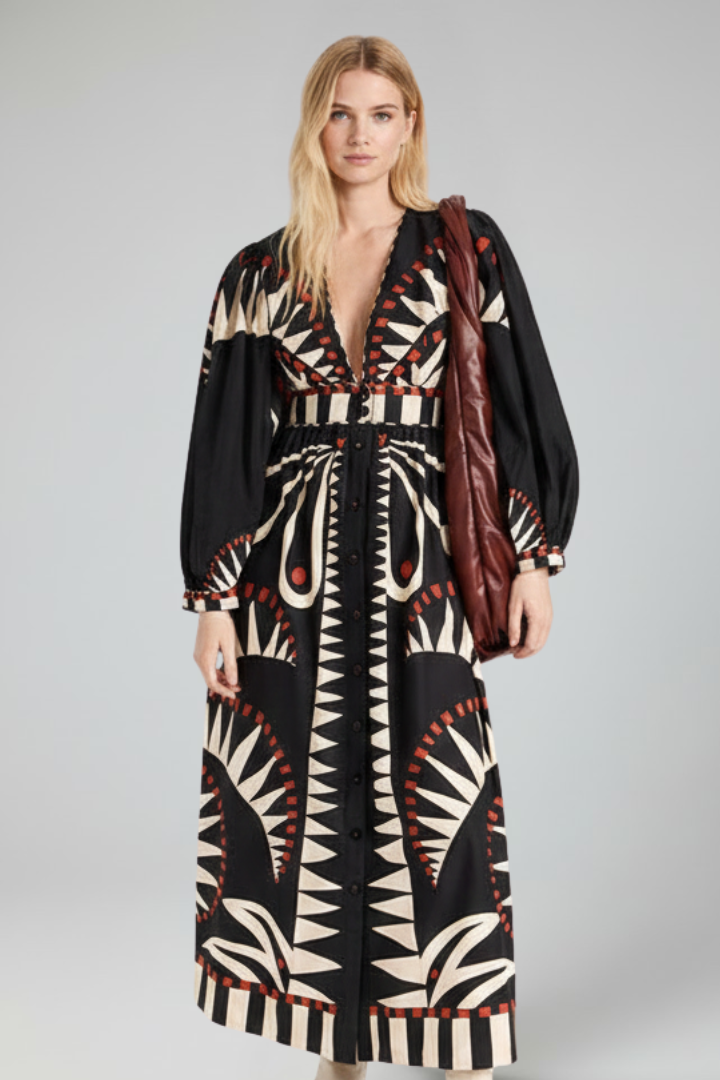 Womens Maxi Dress Floral Print Long Sleeve V-Neck