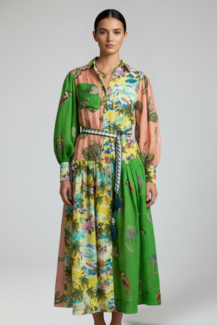 Womens Maxi Dress Floral Print Long Sleeve V-Neck