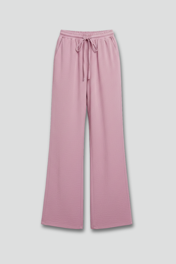 Womens Wide-Leg Trousers Textured Fabric Drawstring Waist - BritishMode