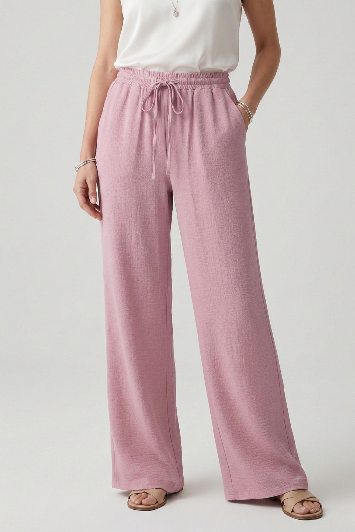 Womens Wide-Leg Trousers Textured Fabric Drawstring Waist