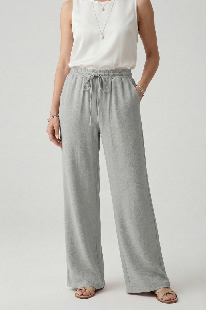 Womens Wide-Leg Trousers Textured Fabric Drawstring Waist
