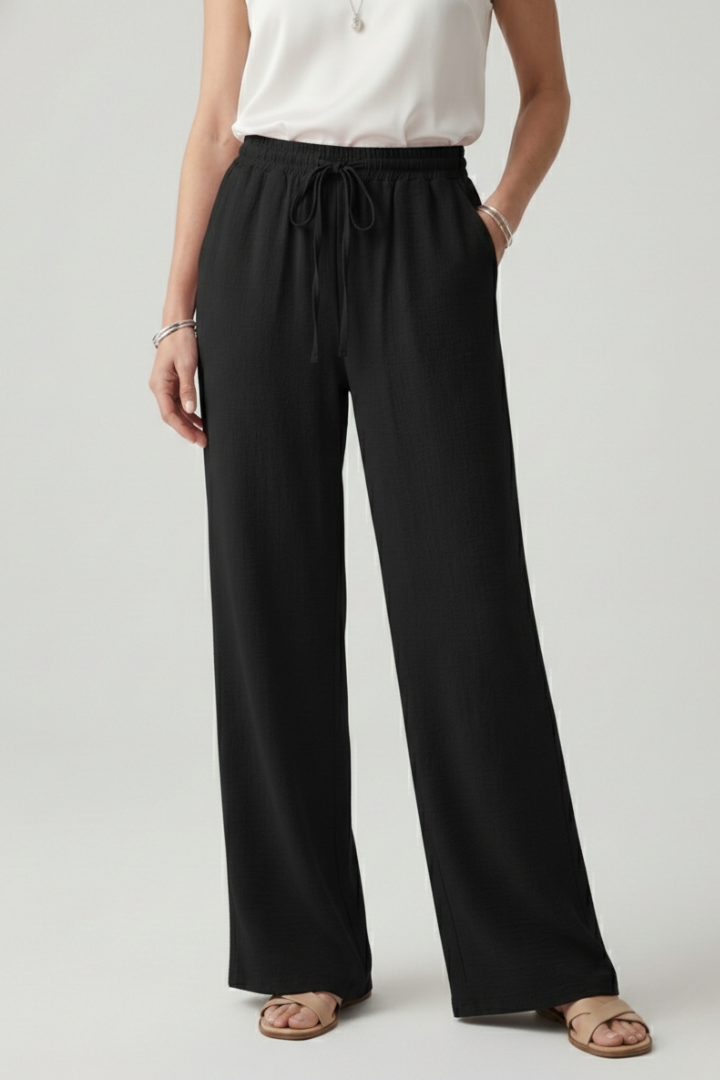 Womens Wide-Leg Trousers Textured Fabric Drawstring Waist