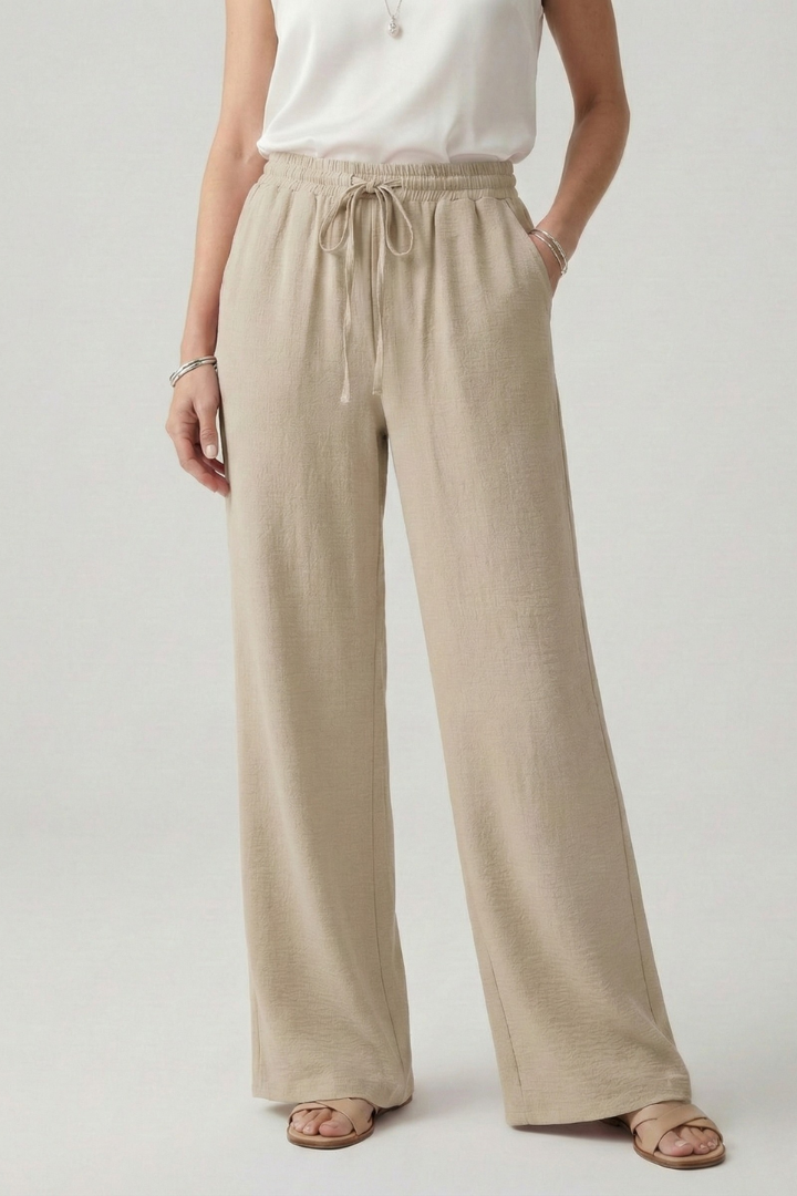 Womens Wide-Leg Trousers Textured Fabric Drawstring Waist