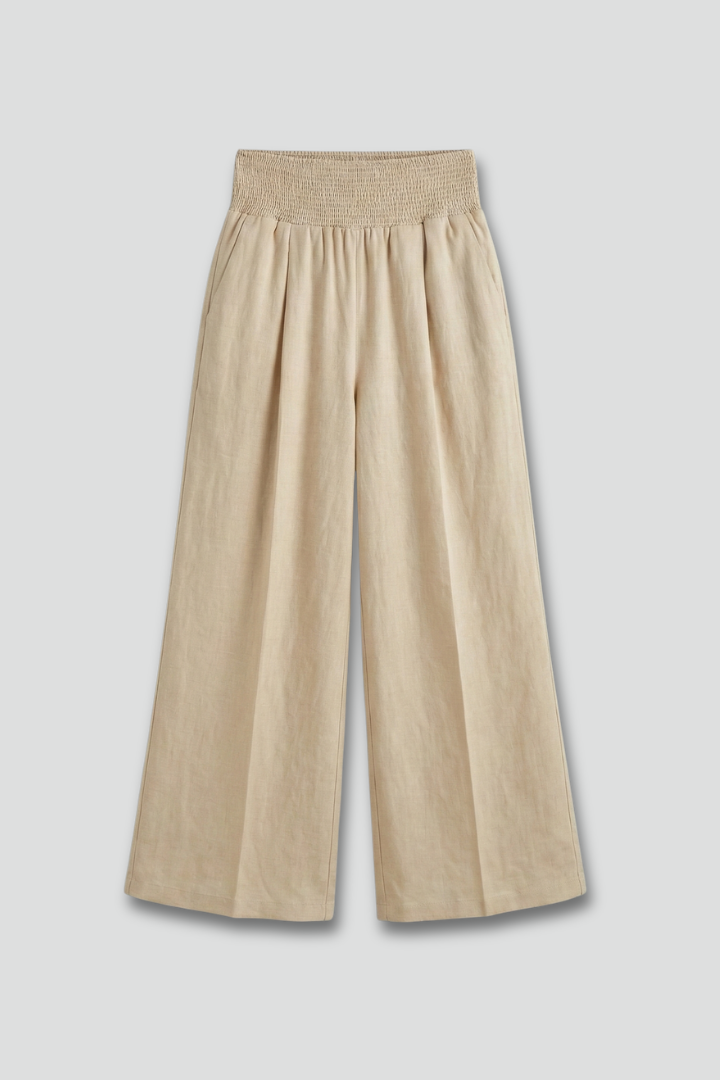 Womens Linen Trousers Smocked High Waist Wide Leg - BritishMode