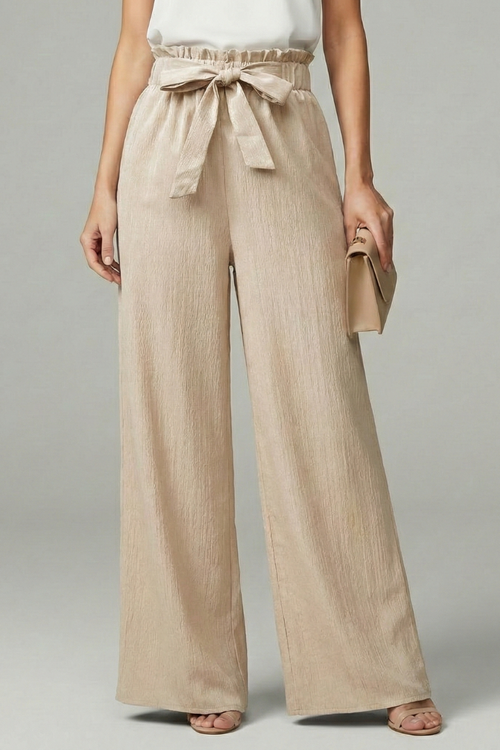 Womens Palazzo Trousers Paperbag Waist Tie-Belt Wide-Leg