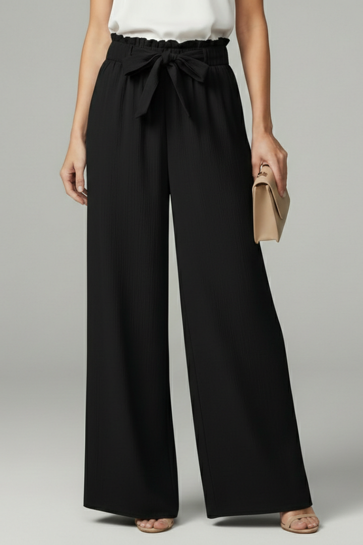 Womens Palazzo Trousers Paperbag Waist Tie-Belt Wide-Leg