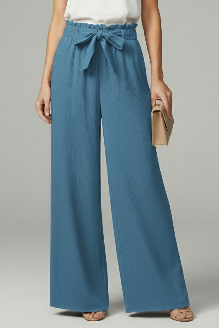 Womens Palazzo Trousers Paperbag Waist Tie-Belt Wide-Leg