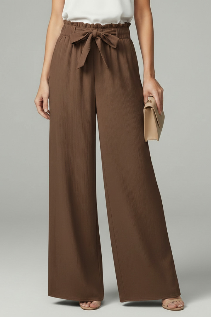 Womens Palazzo Trousers Paperbag Waist Tie-Belt Wide-Leg