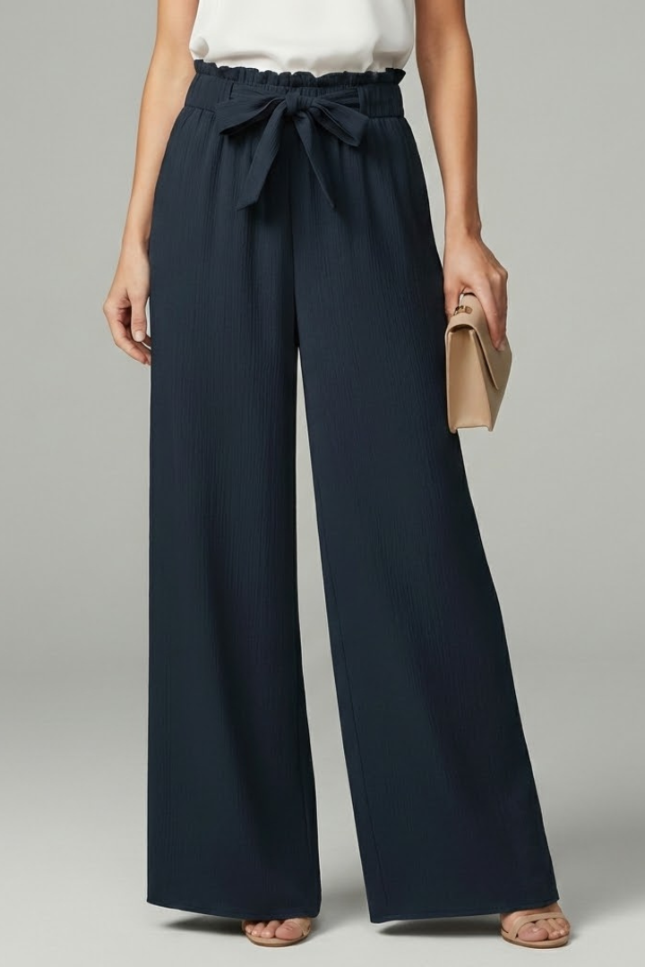 Womens Palazzo Trousers Paperbag Waist Tie-Belt Wide-Leg