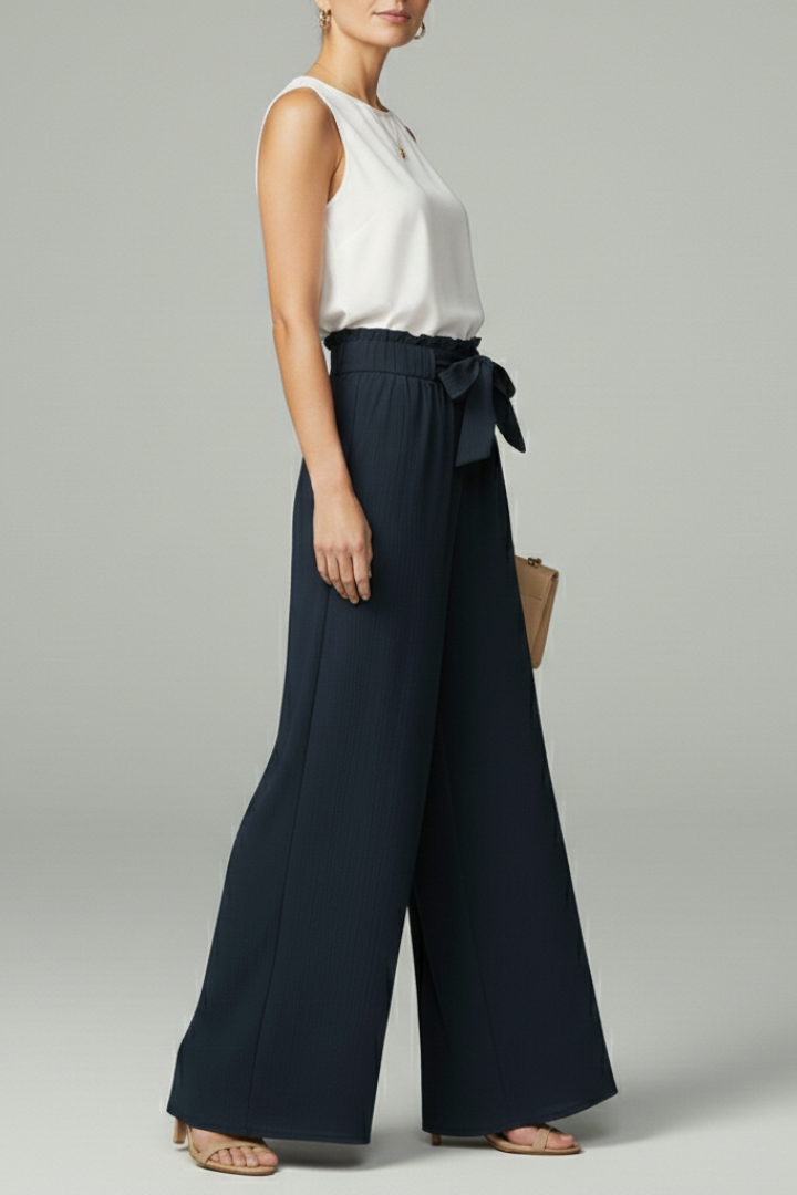 Womens Palazzo Trousers Paperbag Waist Tie-Belt Wide-Leg