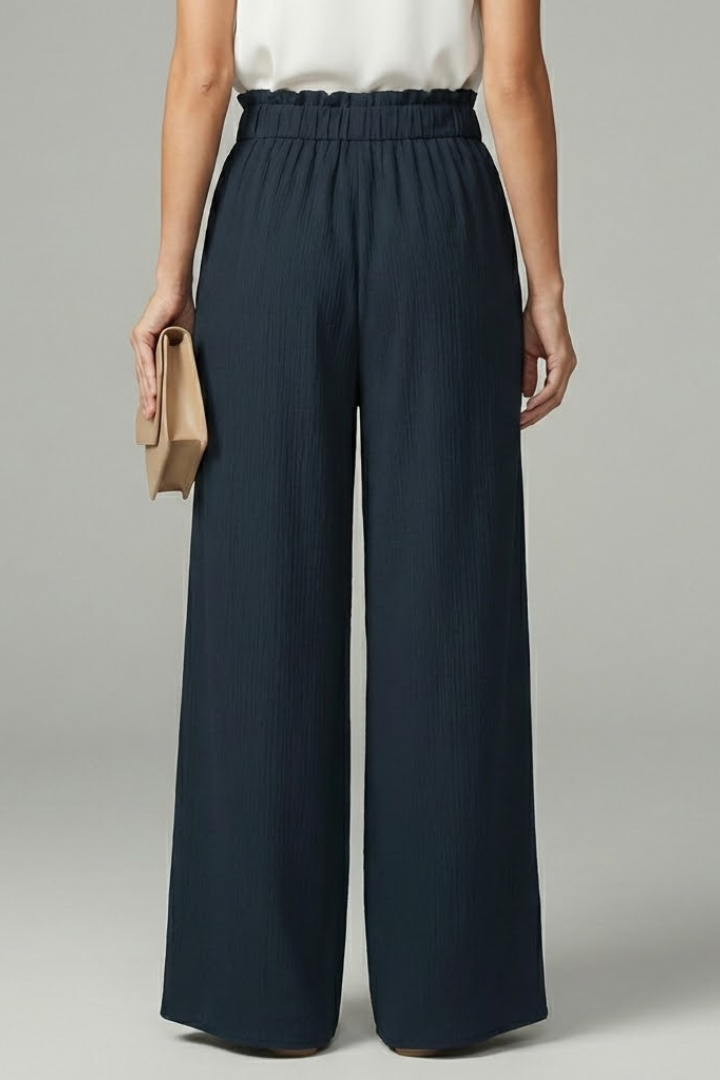 Womens Palazzo Trousers Paperbag Waist Tie-Belt Wide-Leg