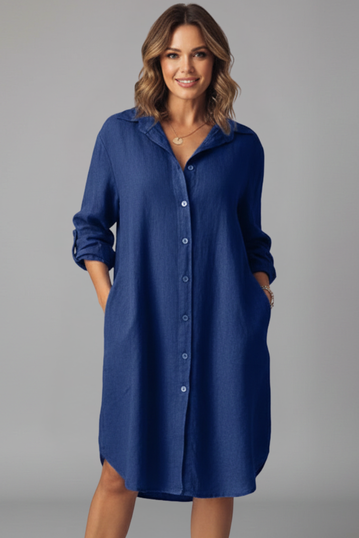 Womens Shirt Dress Cotton Turned Collar Button Closure