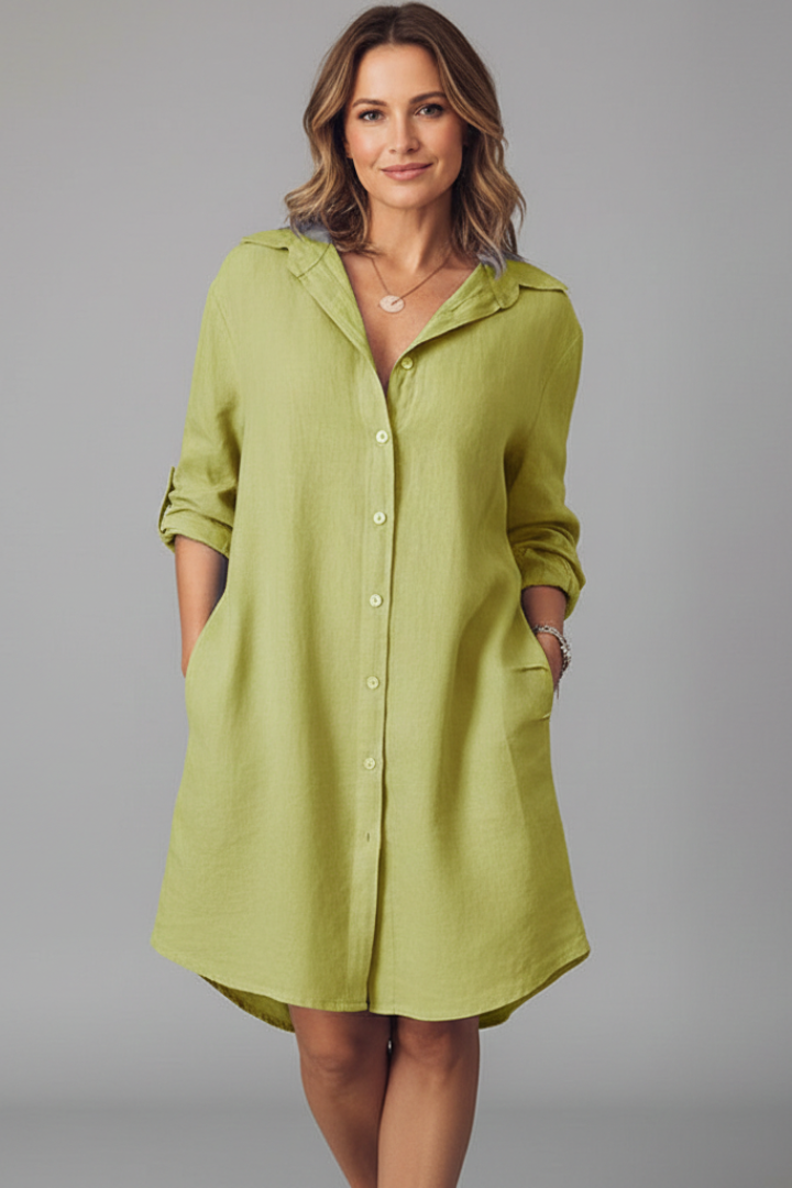 Womens Shirt Dress Cotton Turned Collar Button Closure