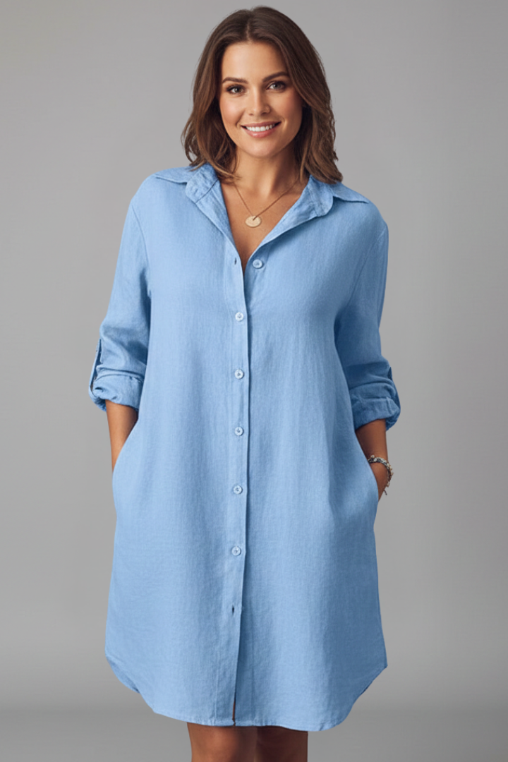 Womens Shirt Dress Cotton Turned Collar Button Closure