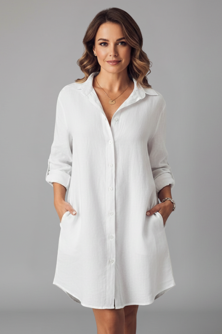 Womens Shirt Dress Cotton Turned Collar Button Closure