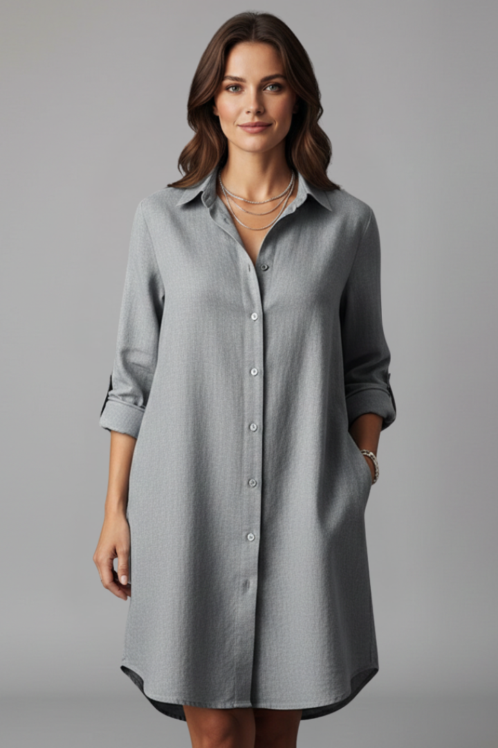 Womens Shirt Dress Cotton Turned Collar Button Closure