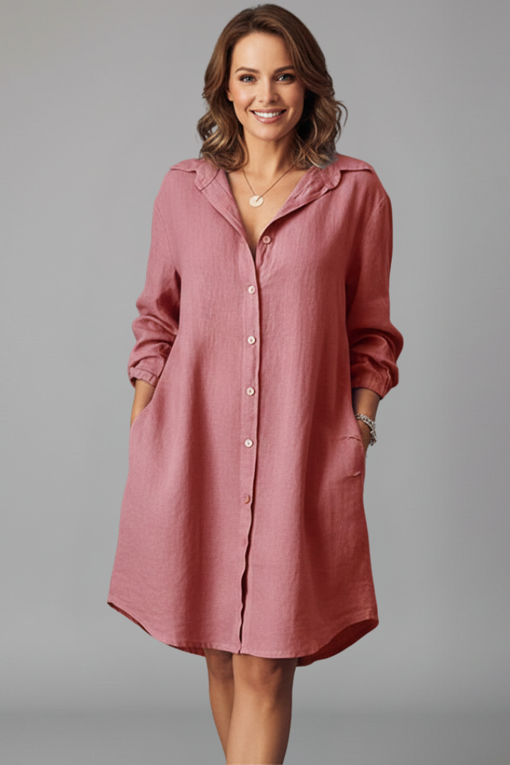 Womens Shirt Dress Cotton Turned Collar Button Closure