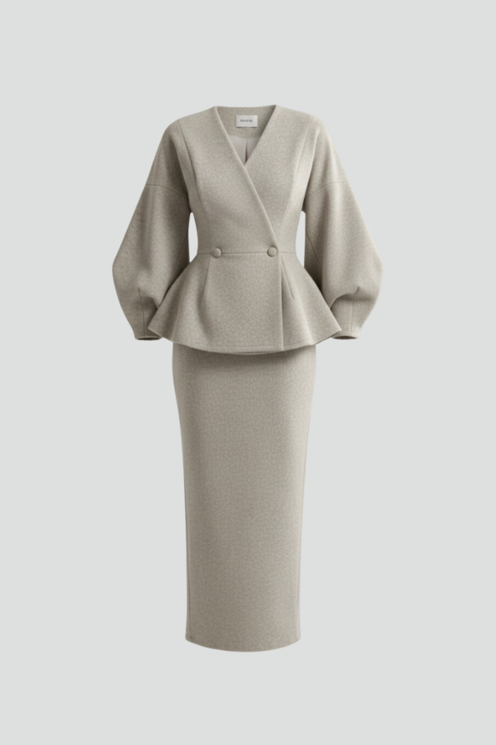 Womens Two-Piece Blazer and Skirt Set V-Neck Tailored Fit - BritishMode