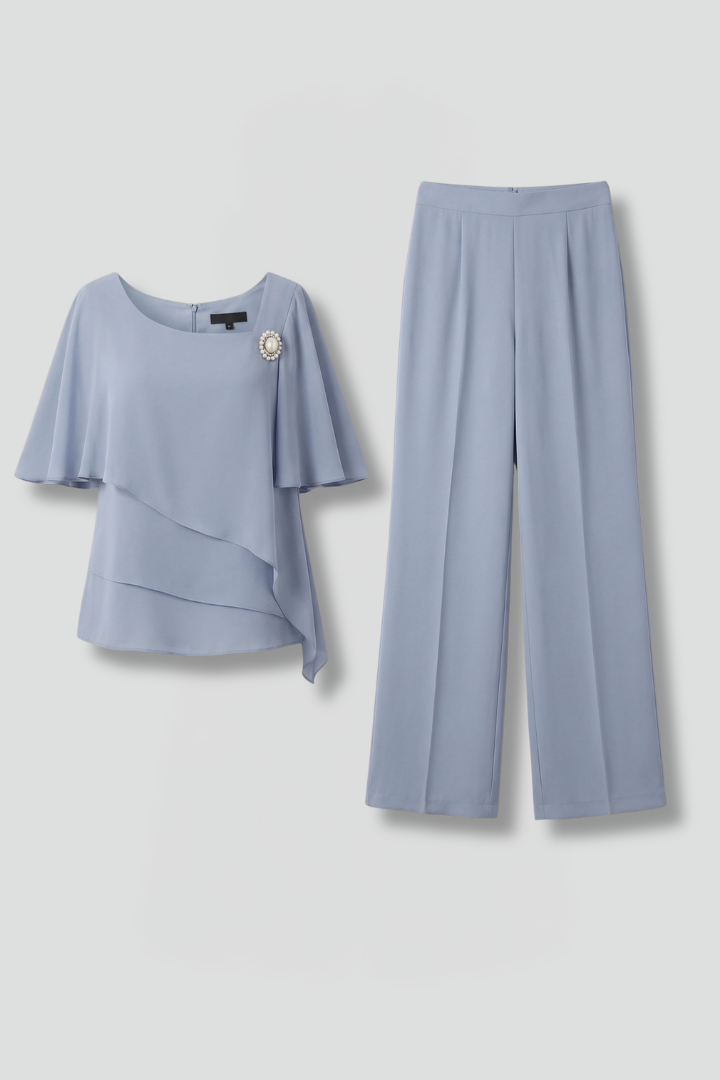 Womens Top and Trousers Set Layered Top Straight Leg - BritishMode
