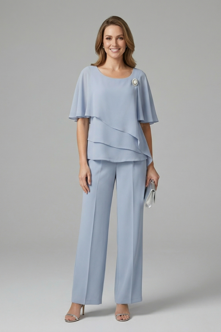 Womens Top and Trousers Set Layered Top Straight Leg