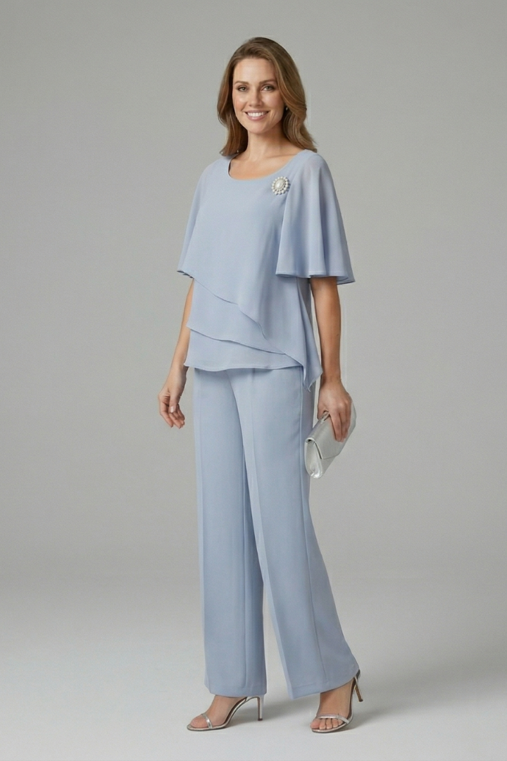 Womens Top and Trousers Set Layered Top Straight Leg